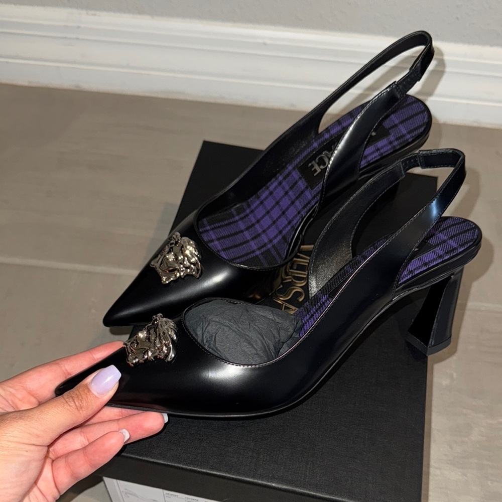 Brand new in box Versace Black Slingback Heels with Silver Medusa Detail